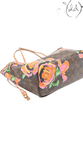 Sold Attire Louis Vuitton Stephen Sprouse Roses Neverfull MM tote bag with brown Monogram canvas and vibrant pink and orange rose print.