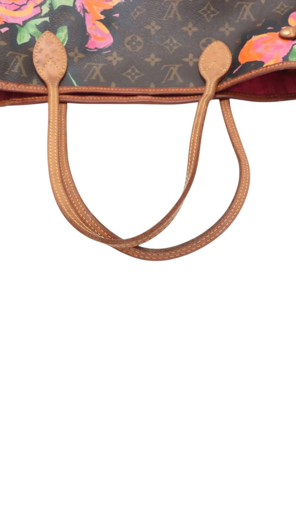 Louis Vuitton Stephen Sprouse Roses Neverfull MM tote bag in brown Monogram canvas with pink lining and leather handles.