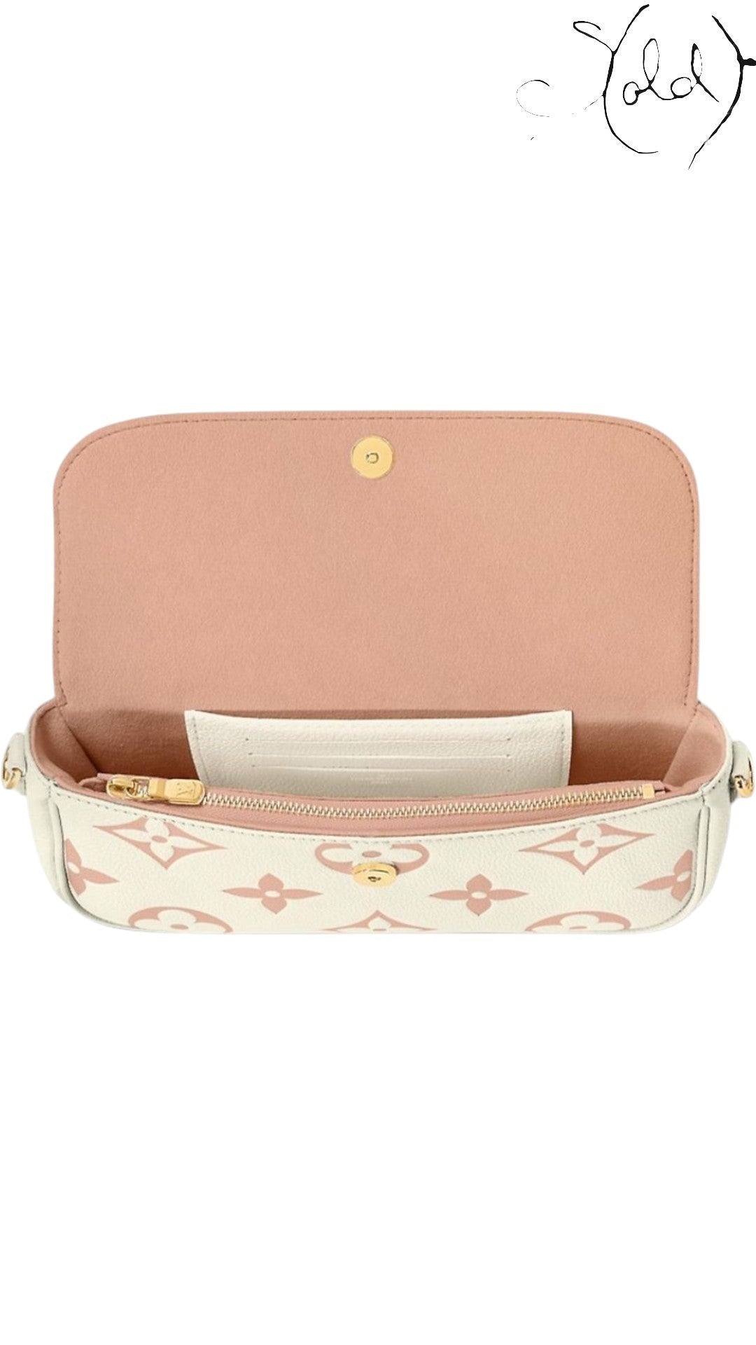 Sold Attire Louis Vuitton Wallet on Chain Ivy bicolor rose monogram empreinte calfskin with gold-tone hardware and pink lining.