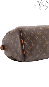 Sold Attire Louis Vuitton Speedy 25 Monogram Canvas brown leather trim handbag with gold-tone hardware.