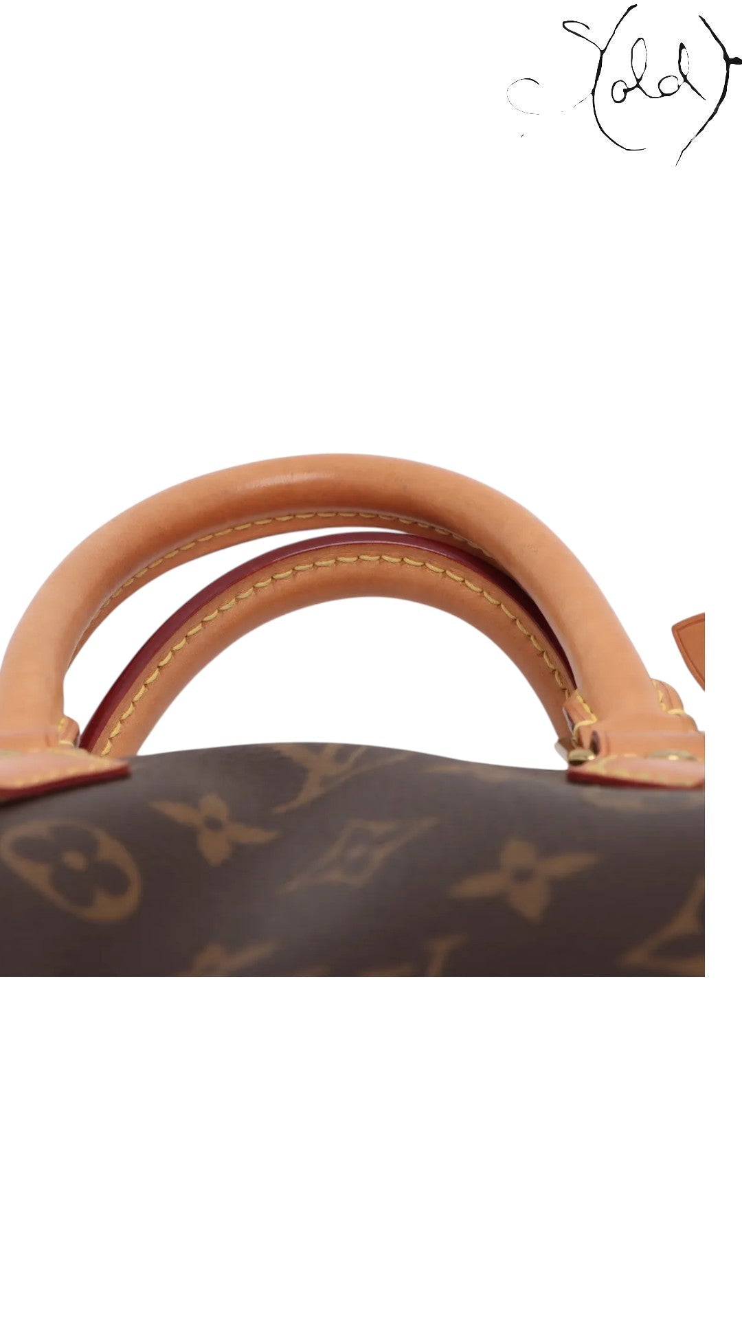 Sold Attire Louis Vuitton Speedy 25 brown monogram canvas handbag with vachetta leather trim and gold-tone hardware.