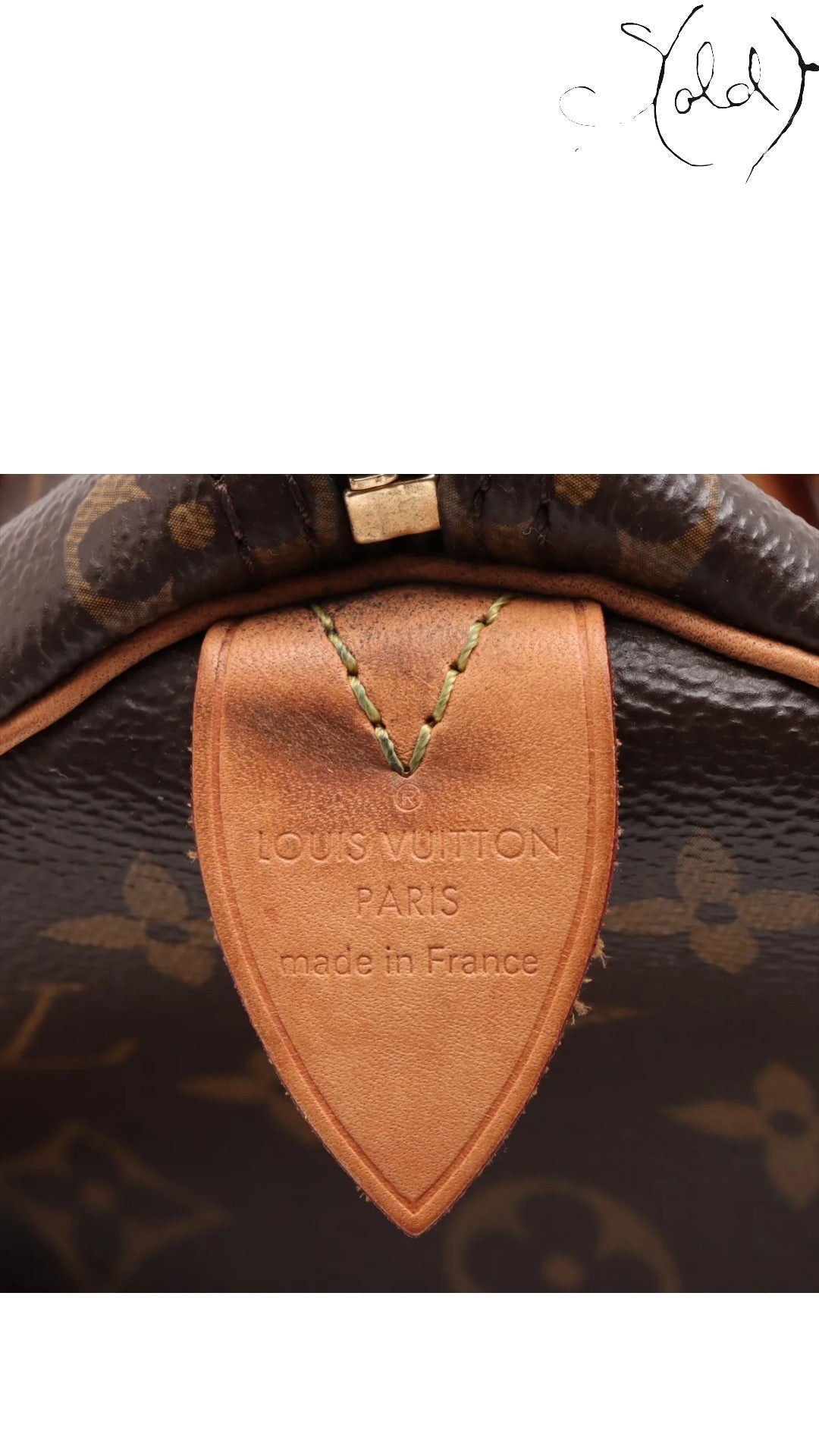 Sold Attire Louis Vuitton Speedy 25 Monogram Canvas bag with leather trim and gold-tone hardware.