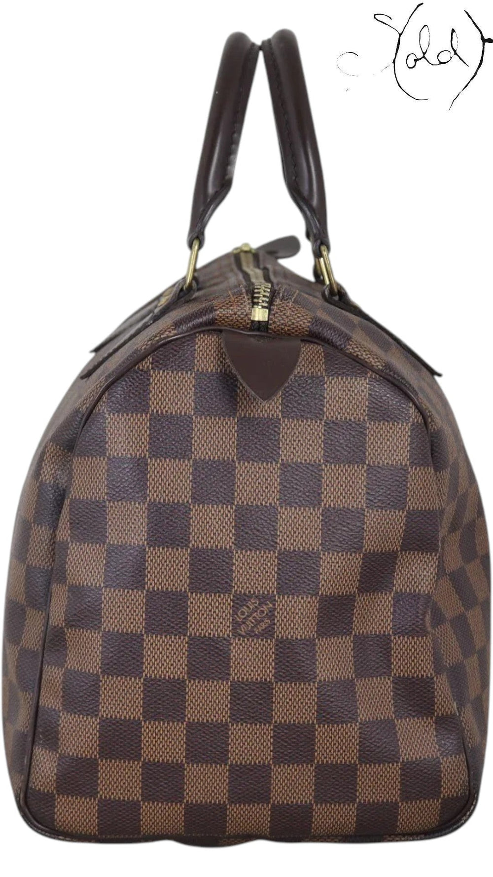 Sold Attire brown Damier Ebene coated canvas Louis Vuitton Speedy 30 bag with leather trim and handles.