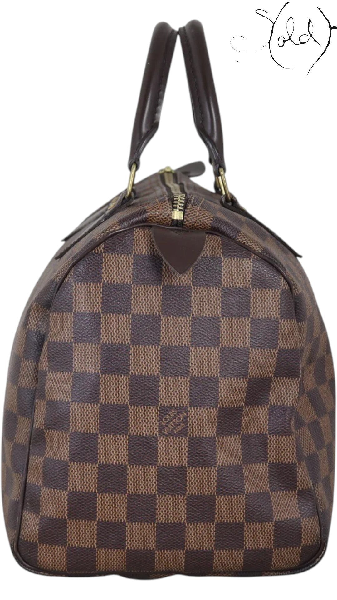 Sold Attire brown Damier Ebene coated canvas Louis Vuitton Speedy 30 bag with leather trim and handles.
