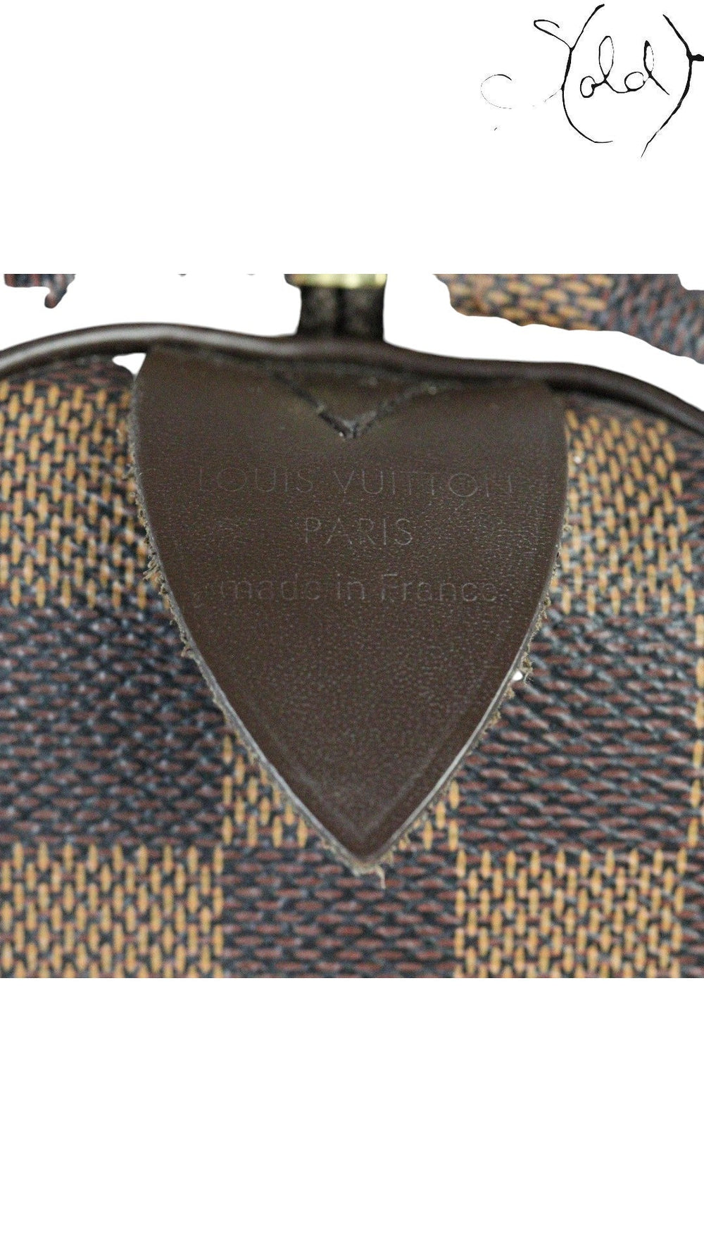 Sold Attire brown Louis Vuitton Speedy 30 Damier Ebene coated canvas bag with leather trim and brass hardware, made in France.