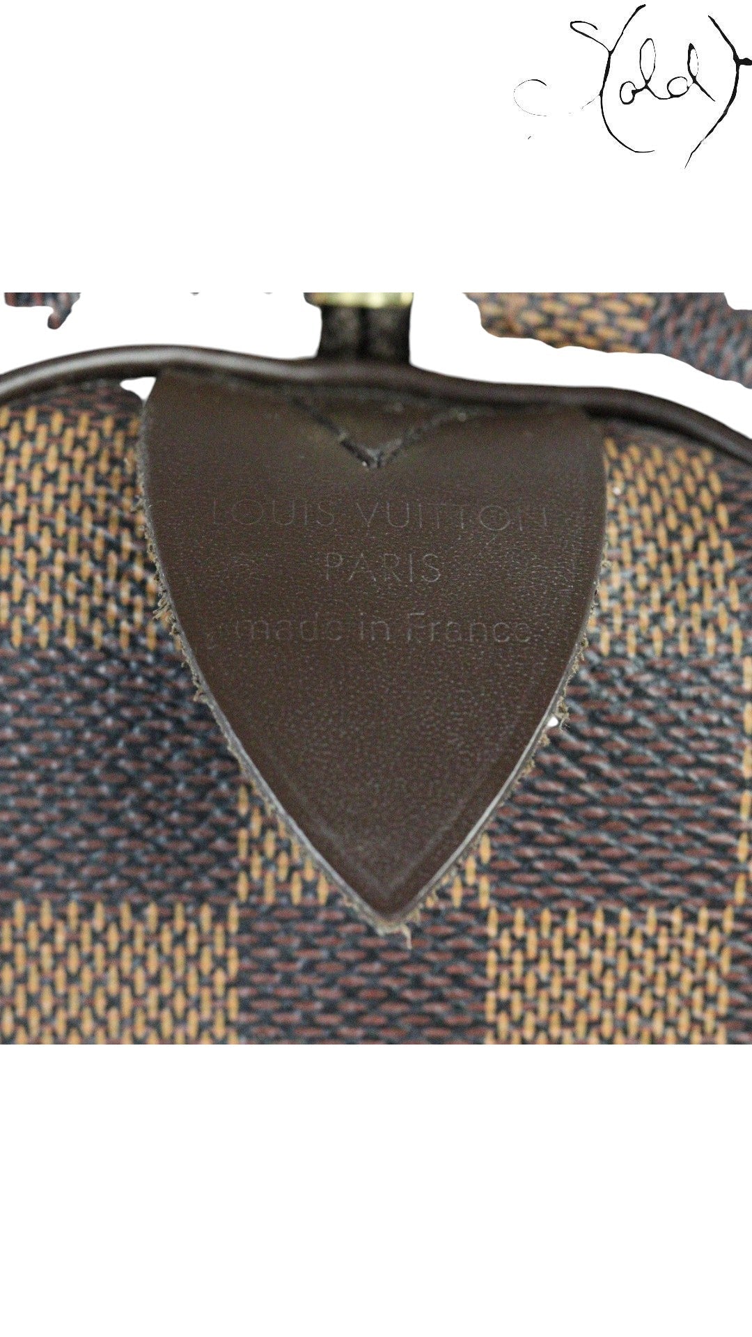Sold Attire brown Louis Vuitton Speedy 30 Damier Ebene coated canvas bag with leather trim and brass hardware, made in France.