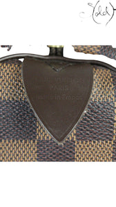 Sold Attire brown Louis Vuitton Speedy 30 Damier Ebene coated canvas bag with leather trim and brass hardware, made in France.