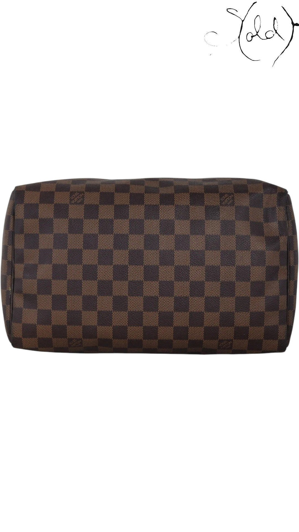 Sold Attire Louis Vuitton Speedy 30 Damier Ebene brown coated canvas handbag with leather trim and brass hardware.