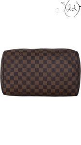 Sold Attire Louis Vuitton Speedy 30 Damier Ebene brown coated canvas handbag with leather trim and brass hardware.