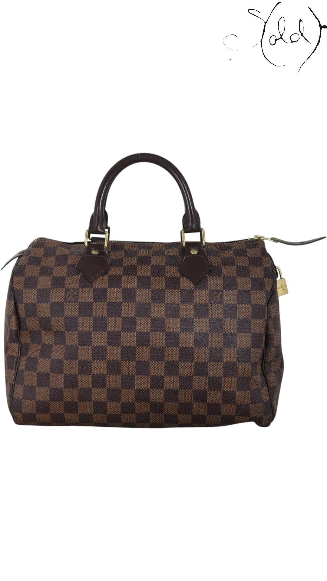 Sold Attire brown Louis Vuitton Speedy 30 Damier Ebene coated canvas handbag with leather trim and brass hardware, 2019.