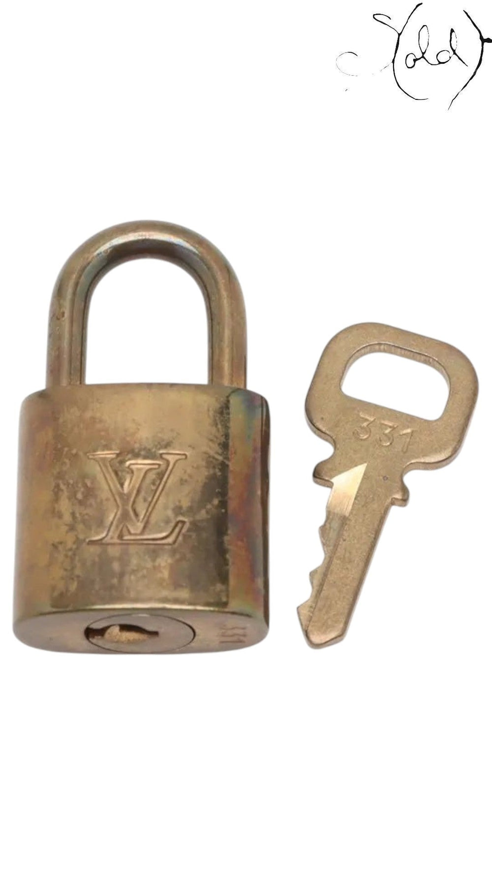 Sold Attire vintage Louis Vuitton gold-tone brass padlock and key with engraved LV logo and number 331