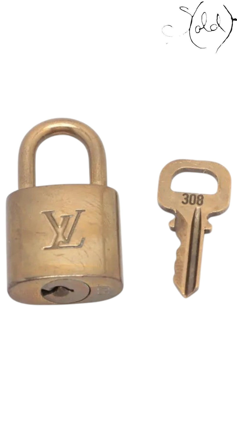 Sold Attire vintage Louis Vuitton gold-tone brass padlock with matching key featuring the iconic LV logo engraving.