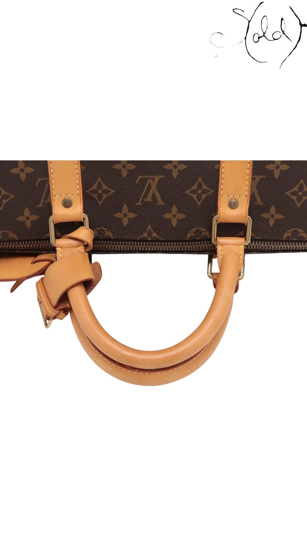 Sold Attire Louis Vuitton Keepall 55 travel bag featuring brown Monogram coated canvas and tanned cowhide leather handle