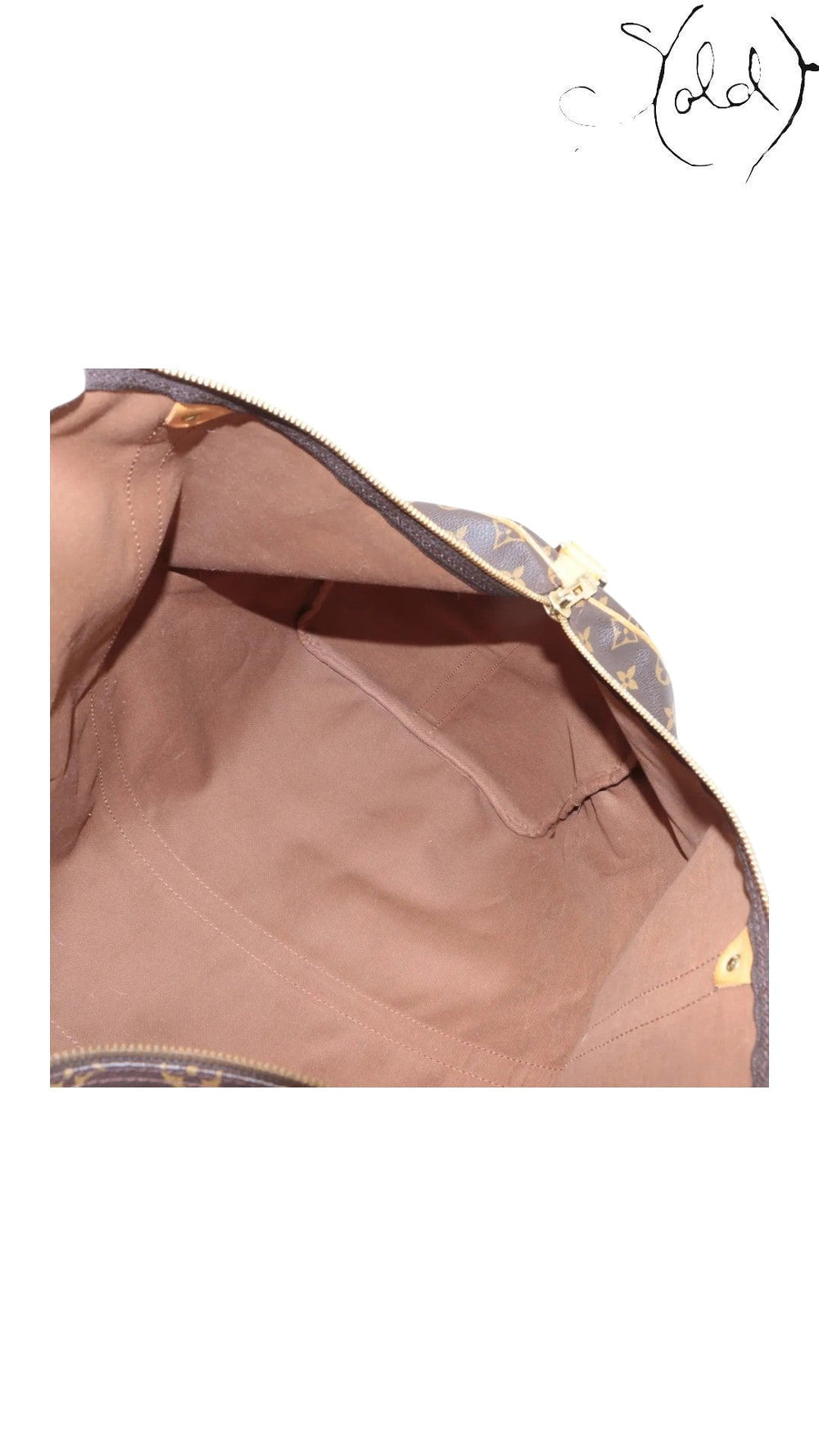Interior view of a vintage Louis Vuitton Monogram Keepall Bandoulière 55 travel bag from Sold Attire