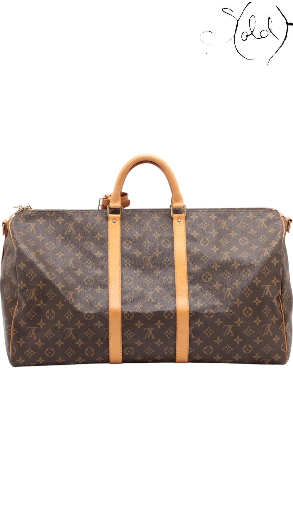 Sold Attire Louis Vuitton Keepall Bandoulière 55 in brown Monogram coated canvas with natural cowhide leather trim.