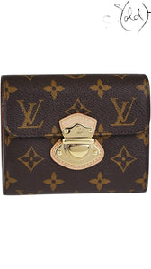 Sold Attire Louis Vuitton Joey wallet in brown Monogram coated canvas with a gold-tone press-lock closure.
