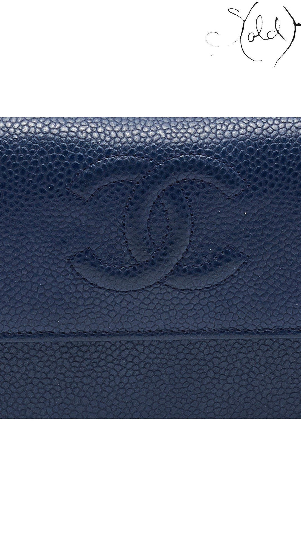 Chanel blue caviar leather and CC hardware detail