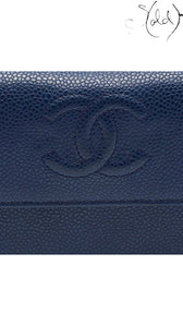 Chanel blue caviar leather and CC hardware detail