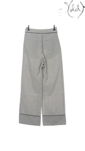 Sold Attire MM6 Maison Margiela gray and white striped wide-leg cotton pants with black trim.