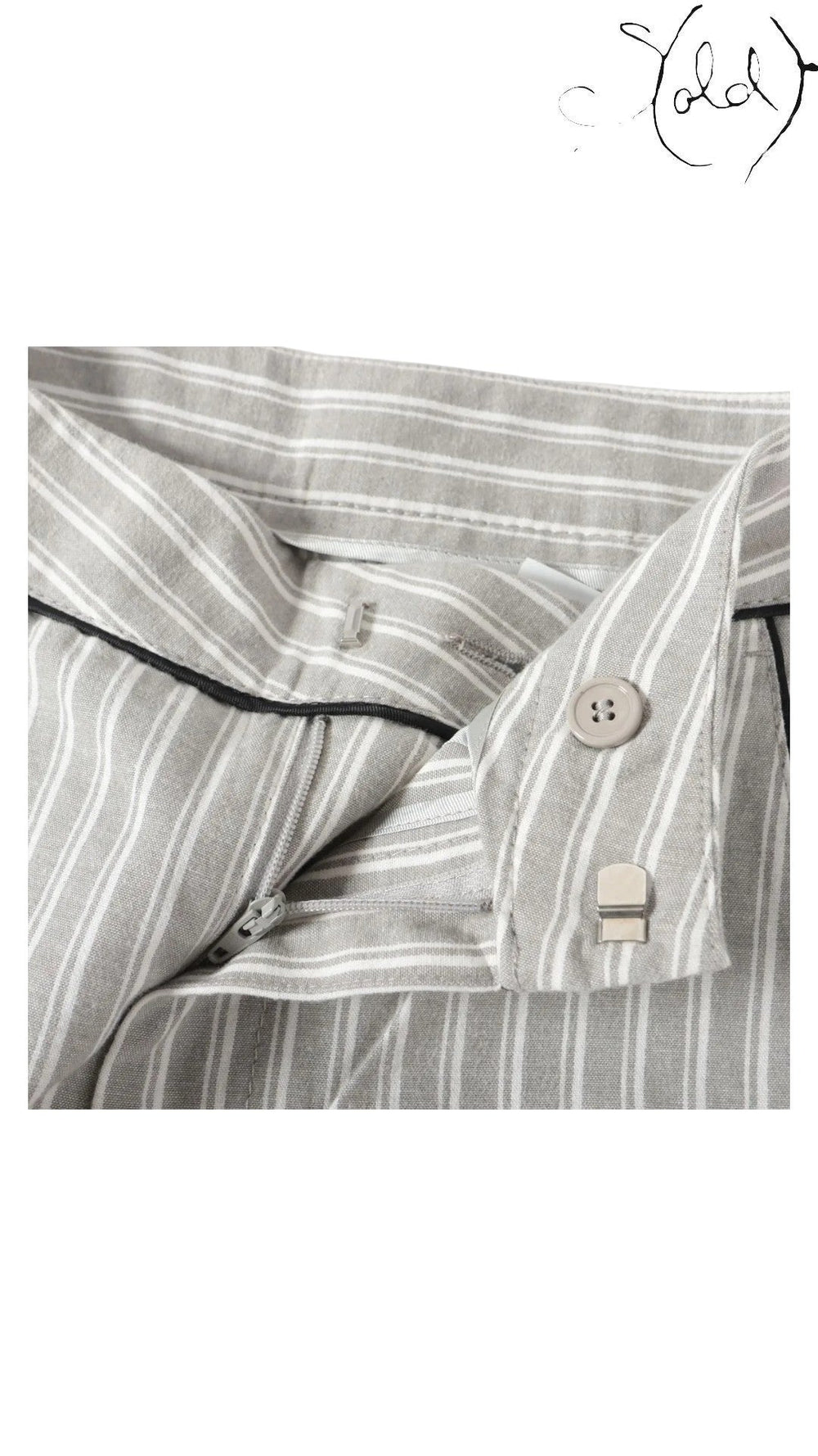 Sold Attire MM6 Maison Margiela gray and white striped wide-leg cotton pants with zip fly and button closure.