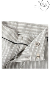 Sold Attire MM6 Maison Margiela gray and white striped wide-leg cotton pants with zip fly and button closure.