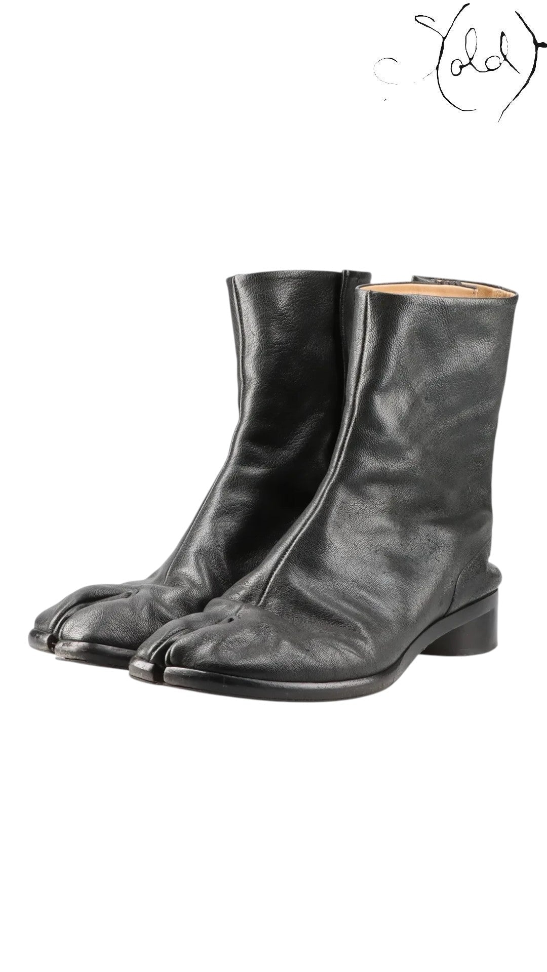 Sold Attire black leather Maison Margiela Tabi short boots with split-toe construction and low block heel.