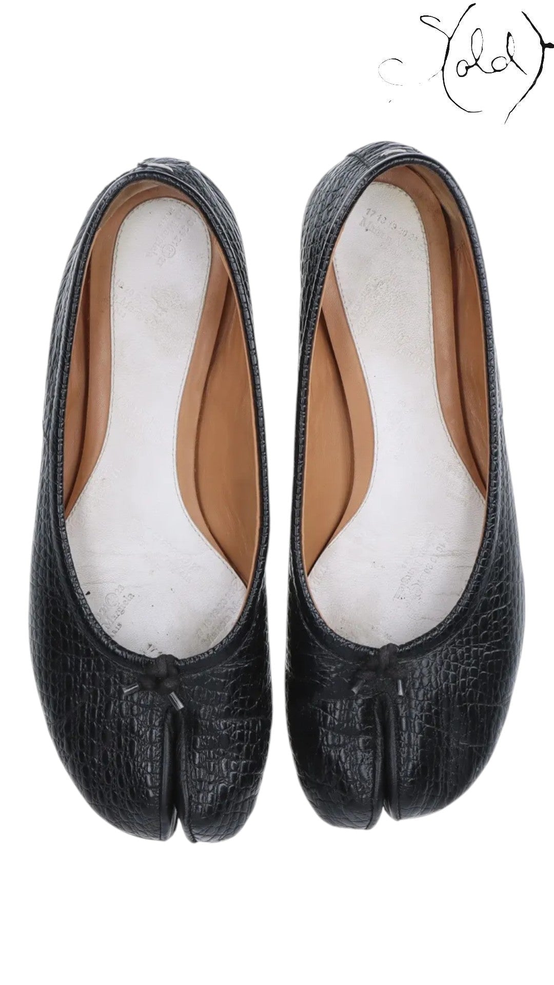 Sold Attire black mock-croc embossed leather Maison Margiela Tabi flat pumps with a cleft toe.