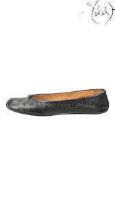 Sold Attire black mock-croc embossed leather Maison Margiela Tabi flat pumps with a cleft toe and bow detail.