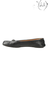 Sold Attire black mock-croc embossed leather Maison Margiela Tabi flat pumps with a cleft toe and small bow detail.