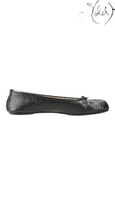 Sold Attire black mock-croc embossed leather Maison Margiela Tabi flat pumps with a cleft toe and small bow detail.