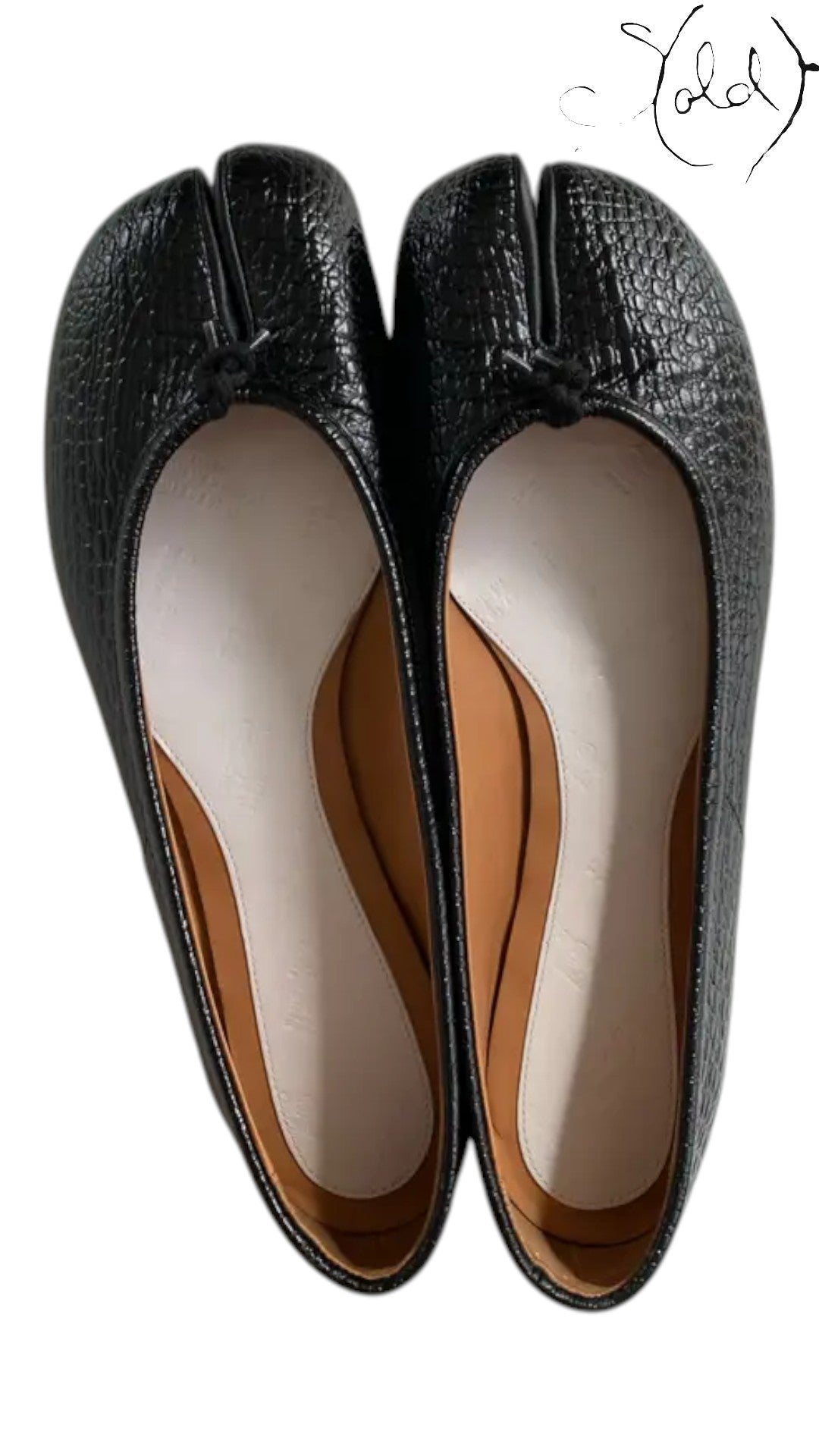 Sold Attire black mock-croc embossed leather Maison Margiela Tabi flat pumps with cleft toe and slip-on construction.