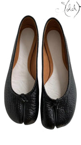 Sold Attire black mock-croc embossed leather Maison Margiela Tabi flat pumps with cleft toe and slip-on construction.