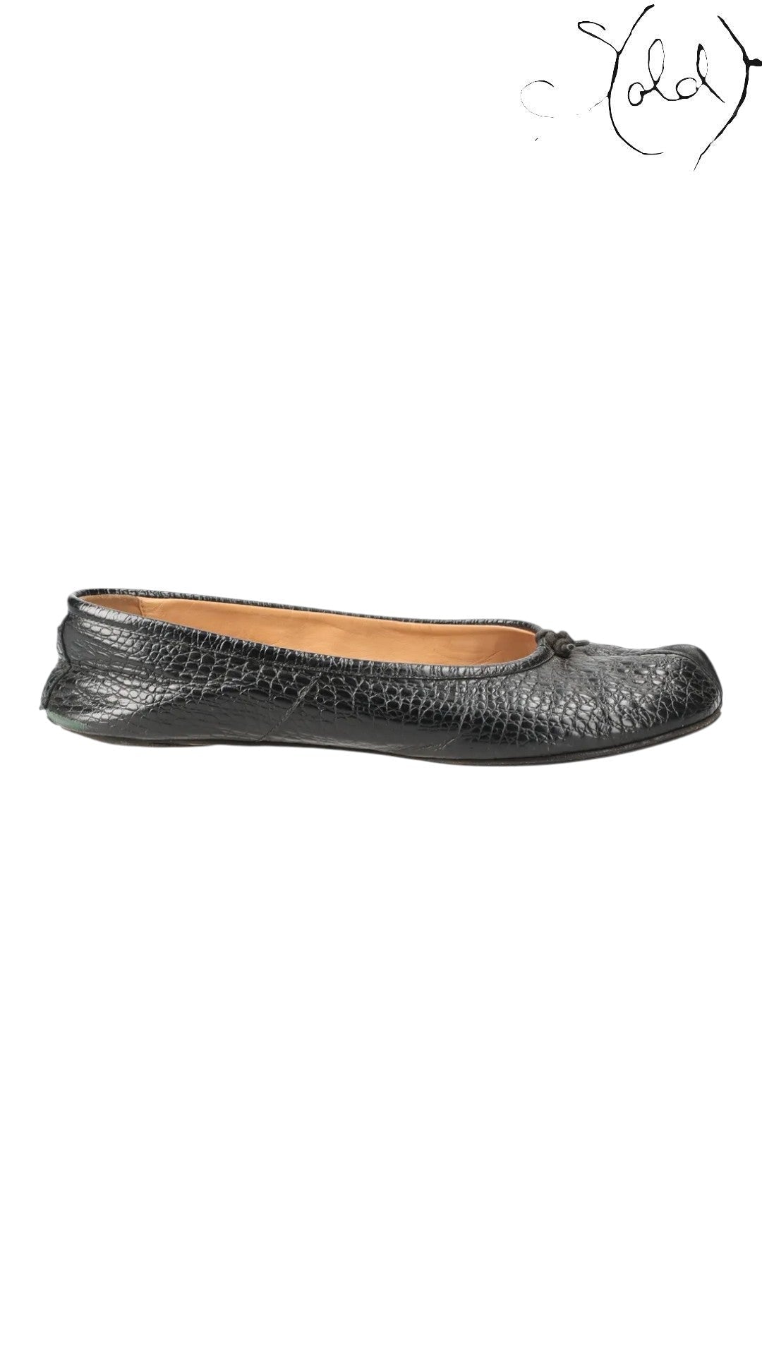 Sold Attire black mock-croc embossed leather Maison Margiela Tabi flat pumps with a cleft toe and slip-on construction.