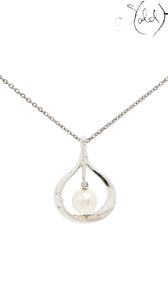 Sold Attire Mikimoto sterling silver pendant necklace featuring a single cream cultured pearl in a teardrop frame