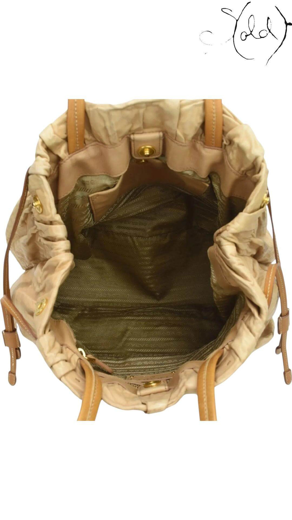 PRADA Metallic Gold Drawstring Tote – Tessuto Nylon & Leather, Hardware detail | Sold Attire