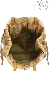 PRADA Metallic Gold Drawstring Tote – Tessuto Nylon & Leather, Hardware detail | Sold Attire