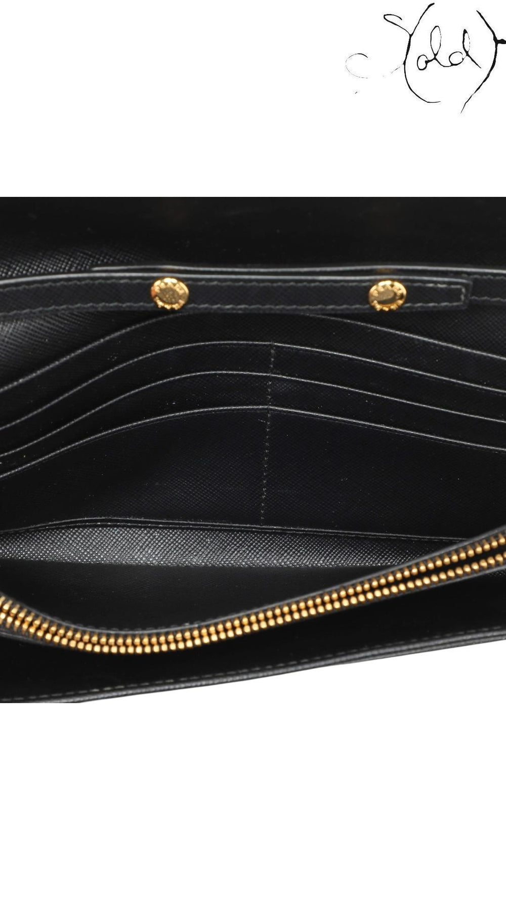 Prada Saffiano Lux Oro Chain Wallet in Black Leather, Base view | Sold Attire