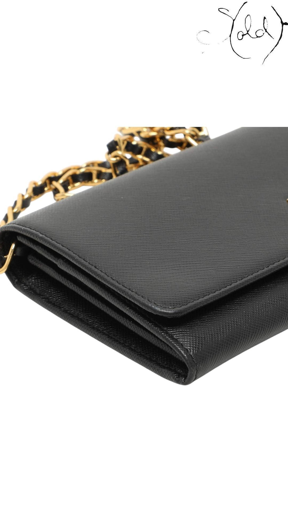 Prada Saffiano Lux Oro Chain Wallet in Black Leather, Detail view | Sold Attire