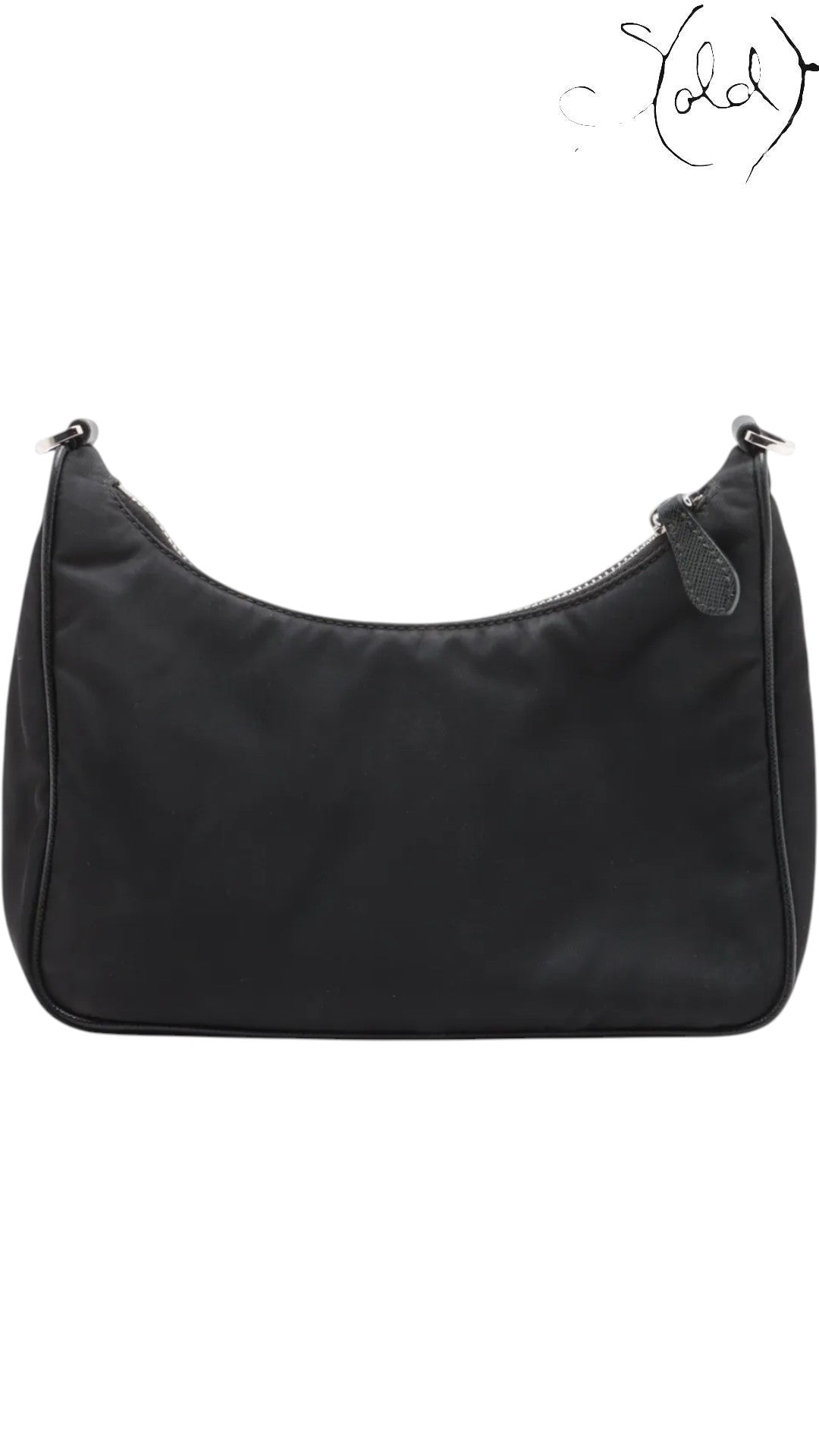 Sold Attire black Prada Re-Edition 2005 nylon shoulder bag with Saffiano leather trim and silver hardware.