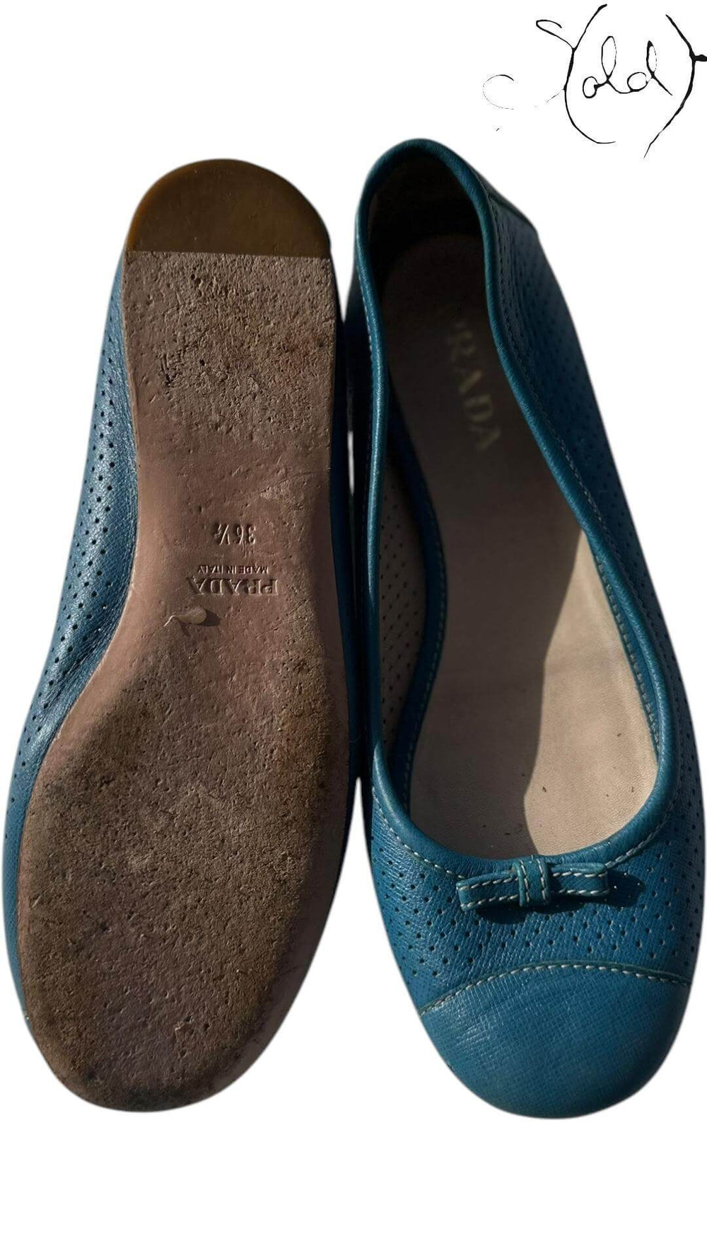 Prada Teal Leather Ballerinas– Perforated Poise, Back view | Sold Attire