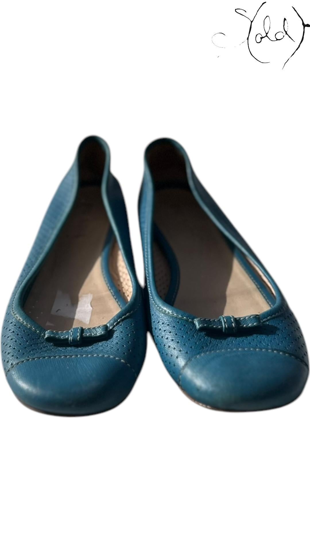 Prada Teal Leather Ballerinas– Perforated Poise | Sold Attire - Sold Attire