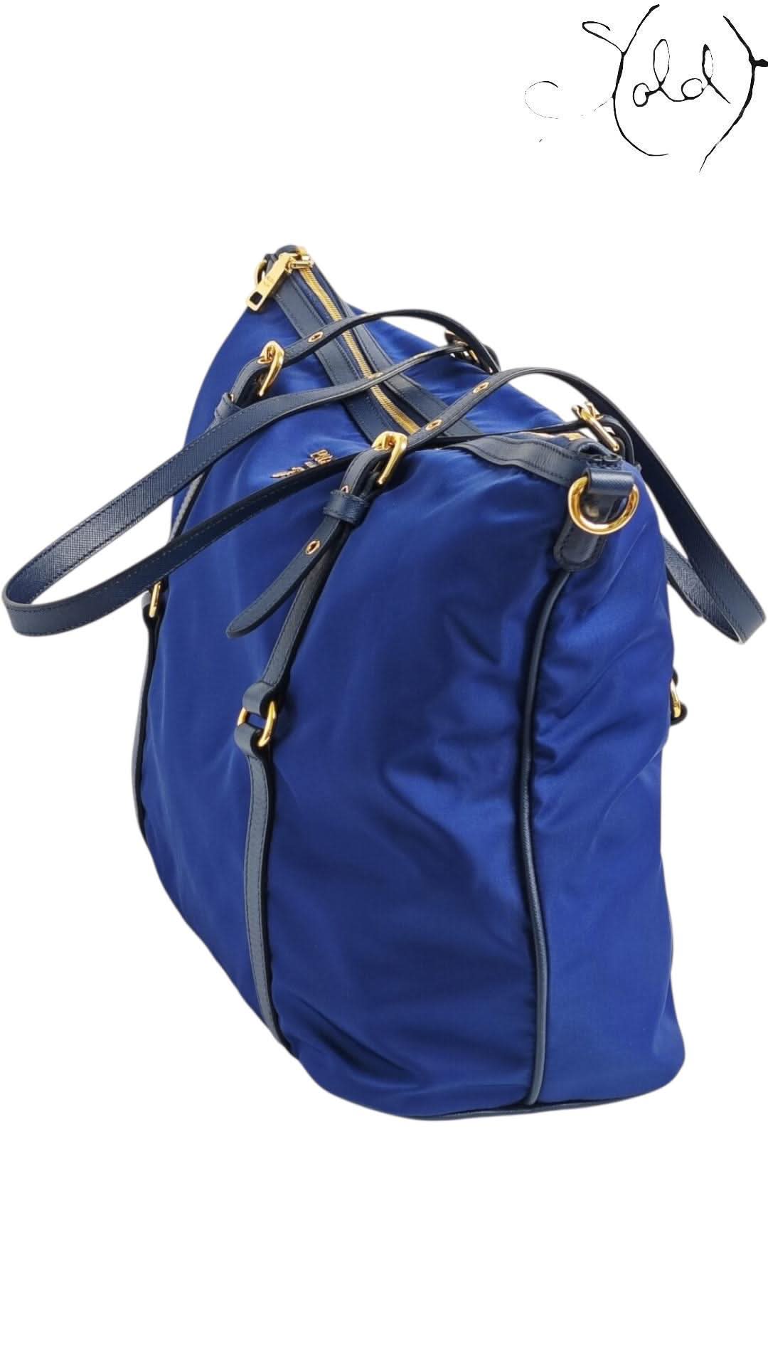 Prada Tote Bag variant_title Prada Tessuto Nylon 2 - Way Tote Royal Blue Gold Hardware 2010s | Sold Attire