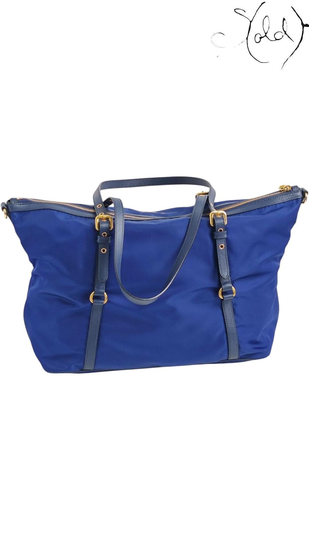 Prada Tote Bag variant_title Prada Tessuto Nylon 2 - Way Tote Royal Blue Gold Hardware 2010s | Sold Attire