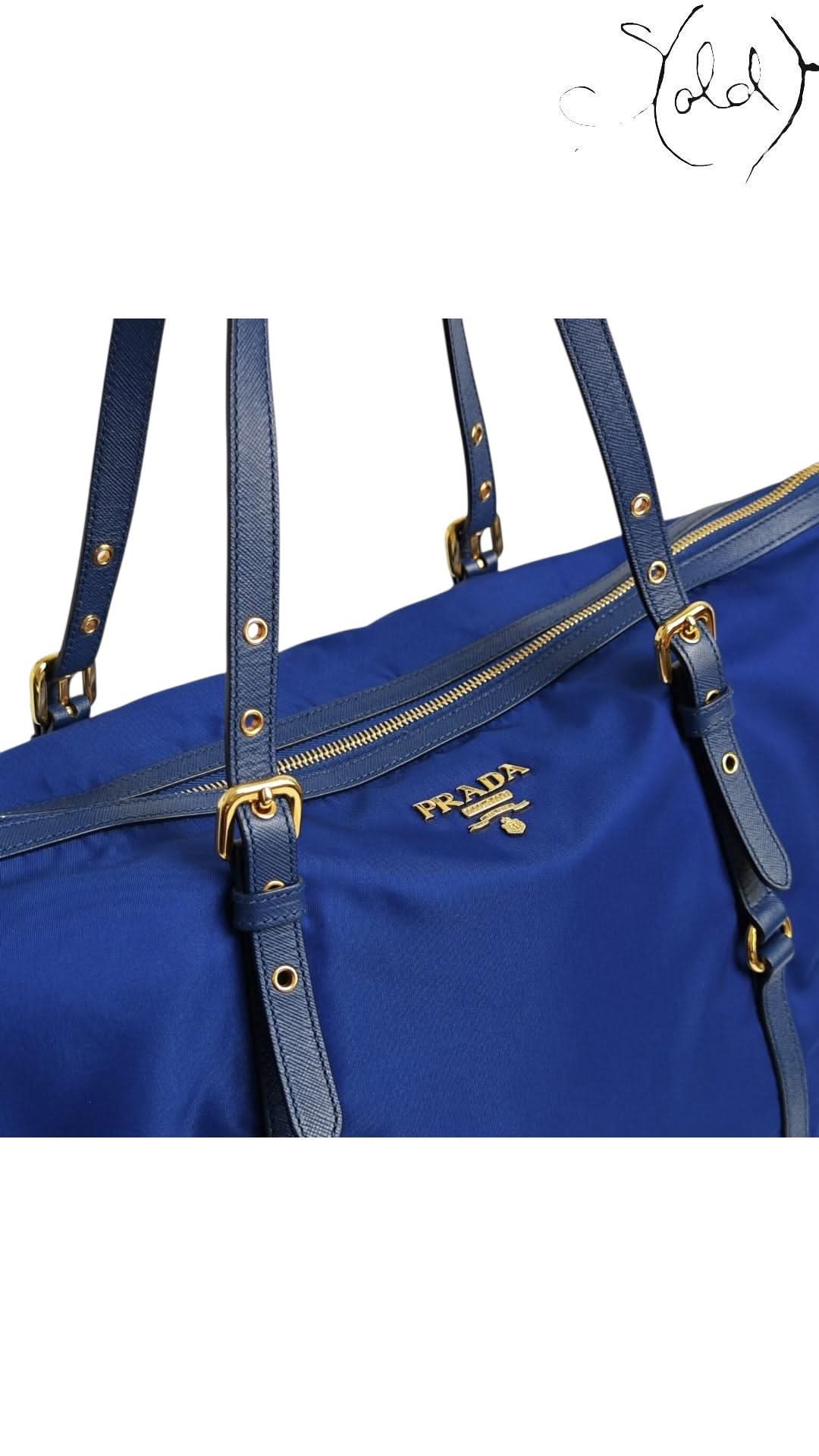 Prada Tote Bag variant_title Prada Tessuto Nylon 2 - Way Tote Royal Blue Gold Hardware 2010s | Sold Attire