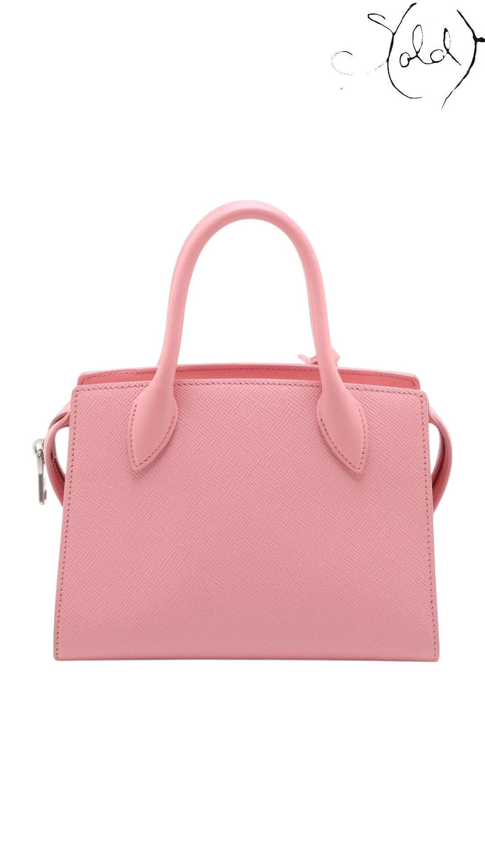 Sold Attire pink Saffiano leather Prada Monochrome Tote Mini bag with city calf trim and top handles.