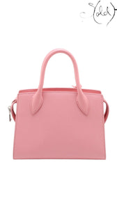 Sold Attire pink Saffiano leather Prada Monochrome Tote Mini bag with city calf trim and top handles.
