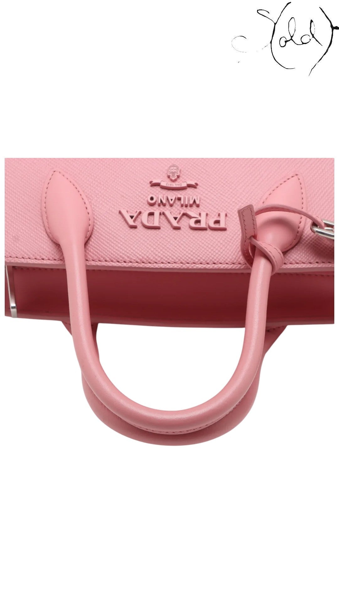 Sold Attire pink Saffiano leather Prada Monochrome Tote Mini with city calf trim and gold hardware.
