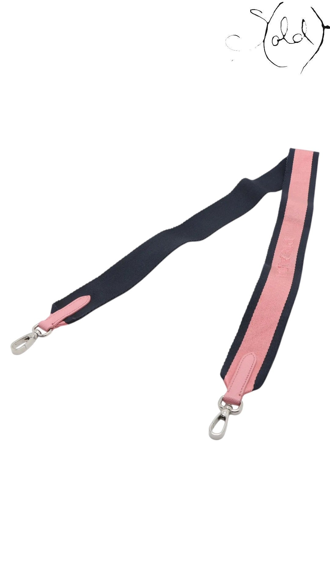 Sold Attire navy blue and pink striped adjustable shoulder strap with pink leather accents and silver hardware.