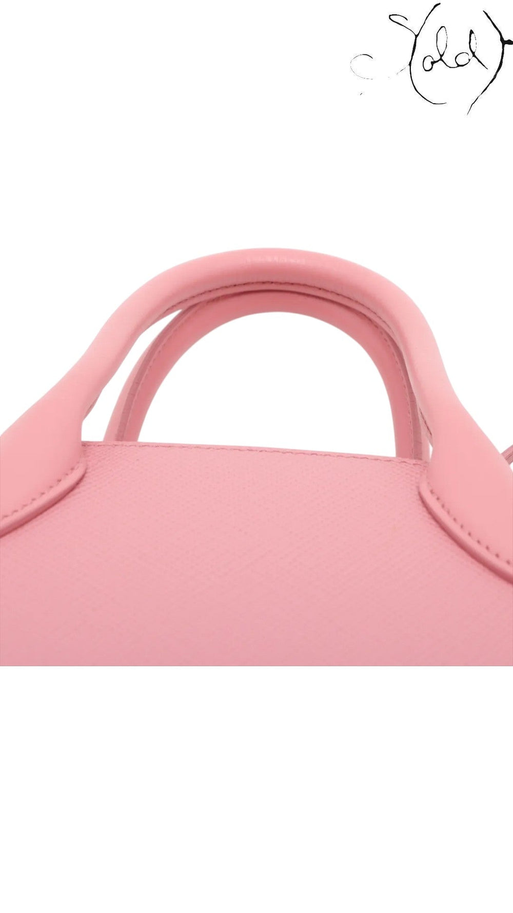 Sold Attire pink Saffiano leather Prada Monochrome Tote Mini bag with city calf trim and top handles.