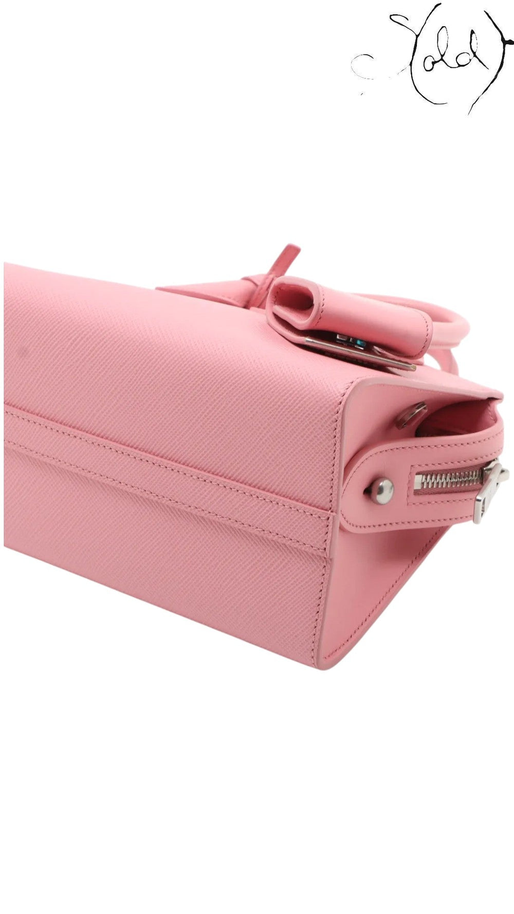 Sold Attire pink Saffiano leather Prada Monochrome Tote Mini with city calf trim and gold hardware.